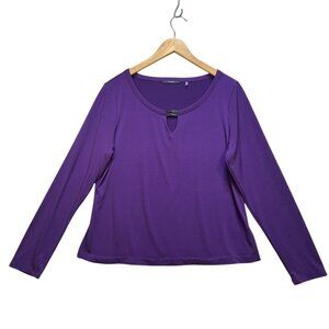 Tahari Womens Long Sleeve Keyhole Neck Blouse L Top Purple Pullover Scoop Neck